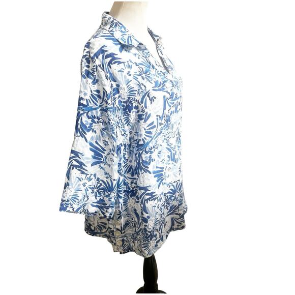 Cynthia Rowley Popover 100% Linen Tunic Plus Size 1X Blue Floral Button Sides - Picture 4 of 12